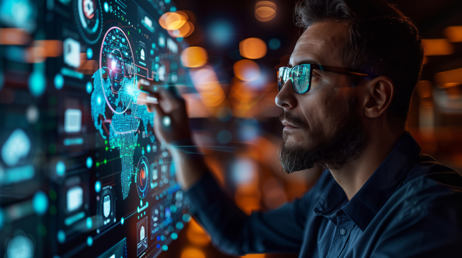 A person interacts with futuristic virtual reality interface. Futuristic technology. Shallow depth of field, blurred