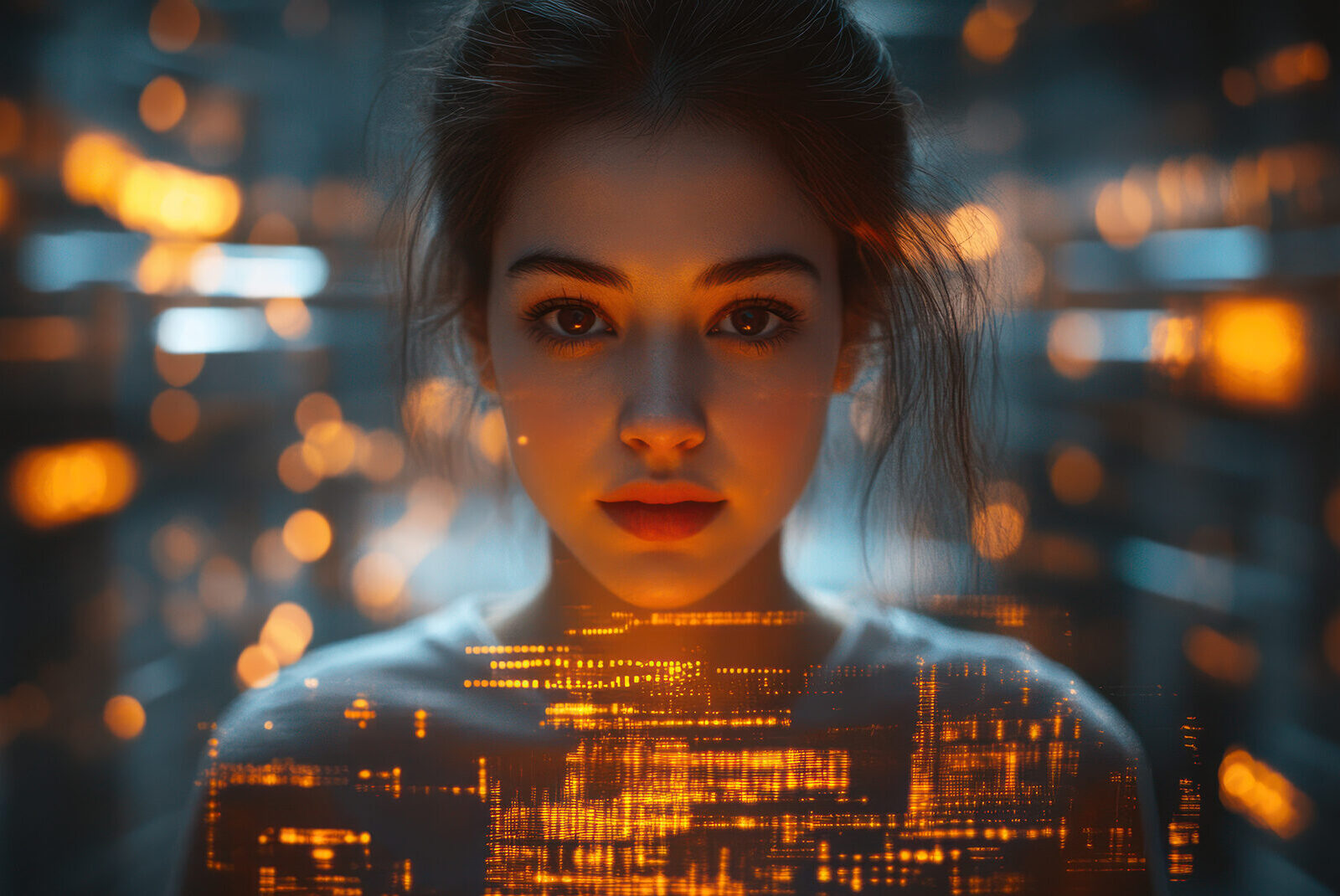 Woman, city lights, code, portrait, night, bokeh, futuristic, technology, digital, website